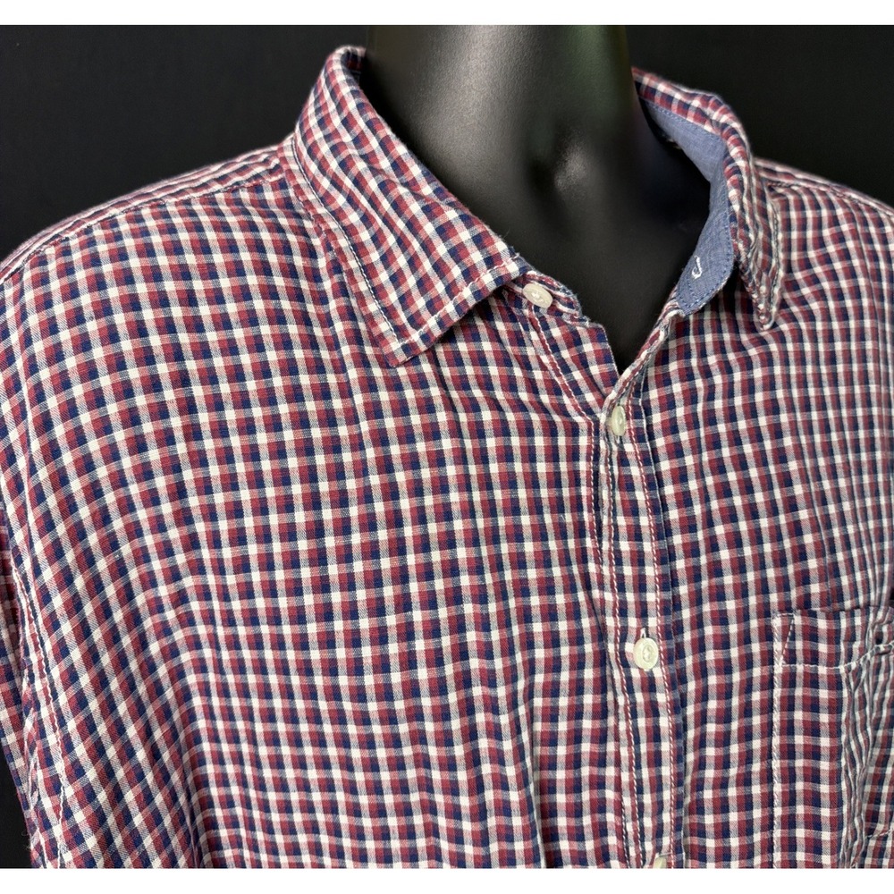 M&S Collection Linen Blend Blue and Red Gingham Check Plaid Men's LS Shirt XXL